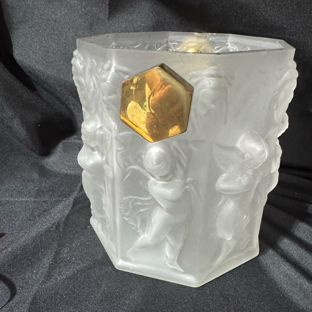 Frosted Glass Vase/ ice bucket with Dancing Cherbu Gold Accent